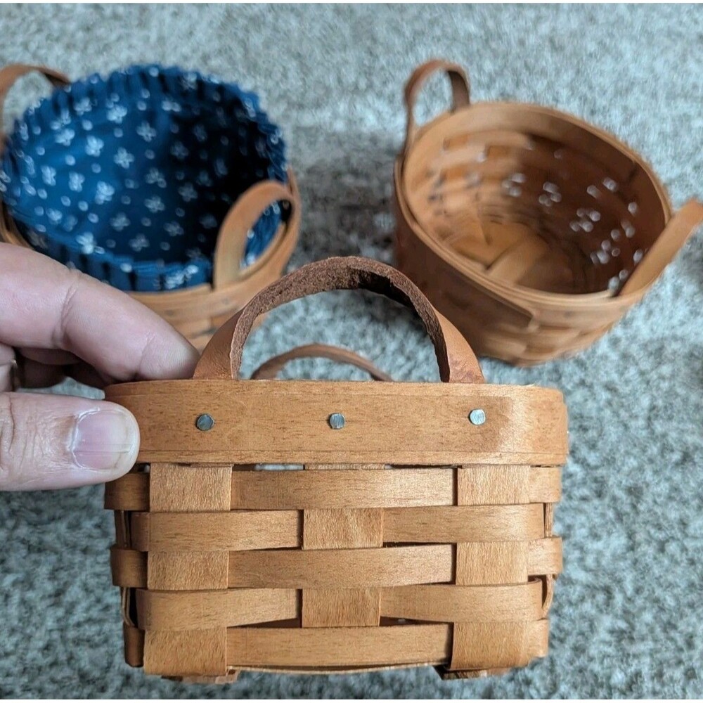 Vintage Longaberger Basket Lot of 3 1990s Signed Leather Handles & Liner USA
